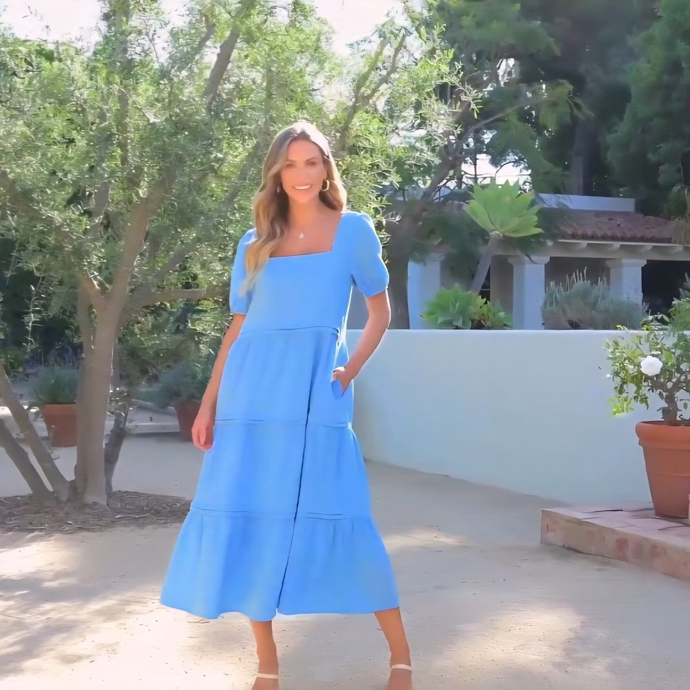 Light Blue Square Neck Puff Sleeve Tiered Maxi Dress Size XL